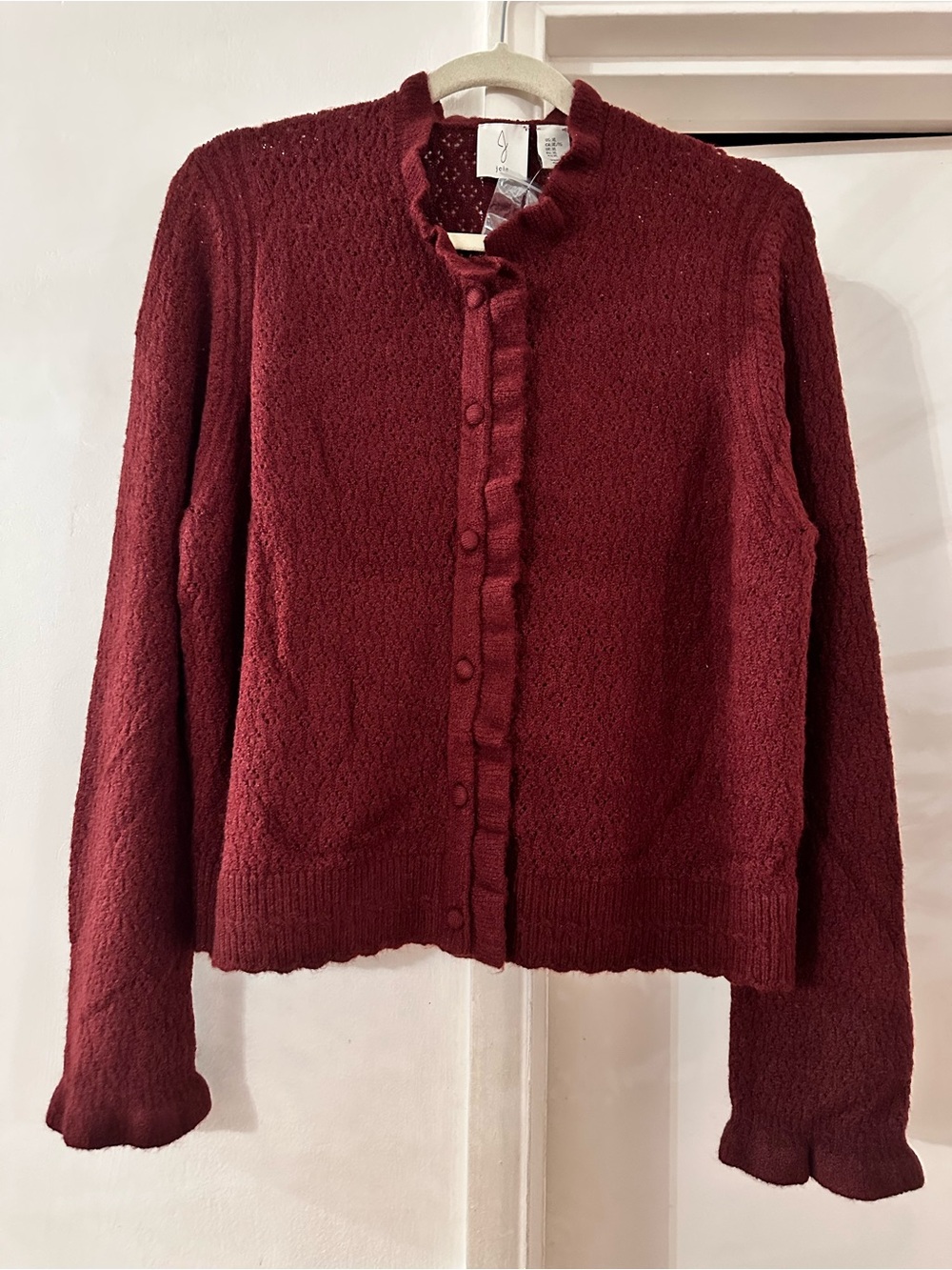 Joie Maroon Ruffle-Trim Knit Cardigan